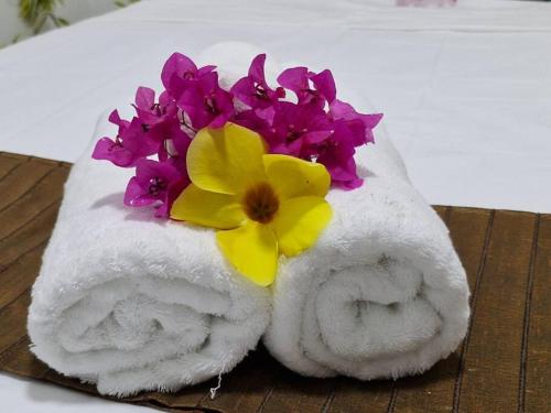 a towel with a flower on top of it at JetPoint Holiday Home in Nadi