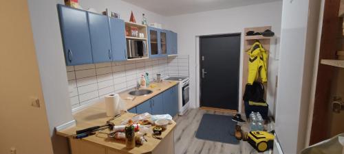 una pequeña cocina con fregadero y armarios azules en Garden Cottage Louny, en Louny