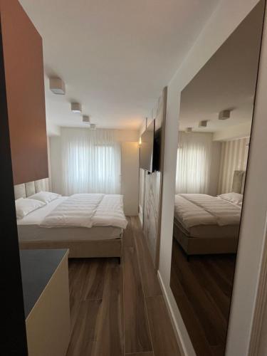 een slaapkamer met 2 bedden en een tv. bij Spa Tesla 1 in Batajnica