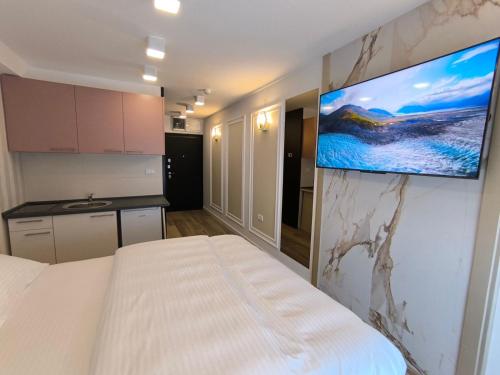 a bedroom with a bed and a flat screen tv on a wall at Spa Tesla 1 in Batajnica