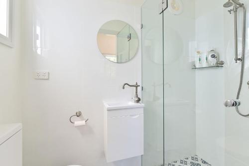 uma casa de banho com um chuveiro, um lavatório e um espelho. em Odyssean Farmstay Cabin em Cessnock