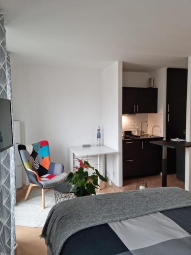 une chambre avec un lit et un salon dans l'établissement Issy-les-Moulineaux : Studio rénové, à Issy-les-Moulineaux
