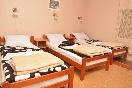 um grupo de quatro camas num quarto em Etno Kuca Paor-apartmani em Kikinda