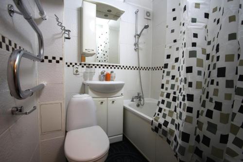 La petite salle de bains est pourvue de toilettes et d'un lavabo. dans l'établissement Nadezhda Apartments at Kabanbay Batyr 79, à Almaty