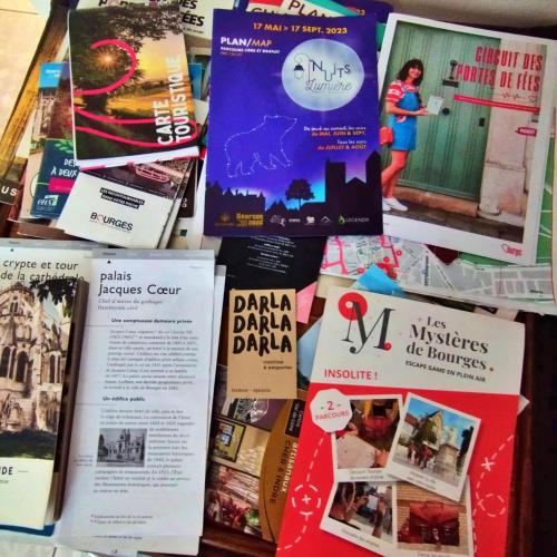 a bunch of books on display in a store at Appt 56m2 à 4mn du Palais Jacques Coeur. in Bourges