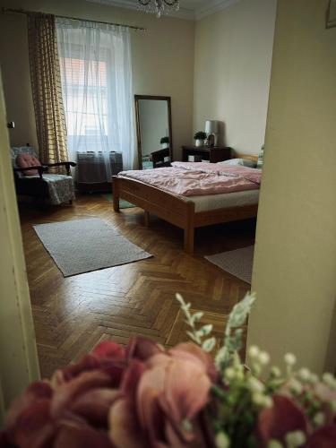 une chambre avec un lit et un miroir dans l'établissement Tabán Apartman, à Pécs