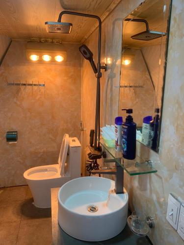 a bathroom with a sink and a toilet at Plum Homestay in Dồng Văn