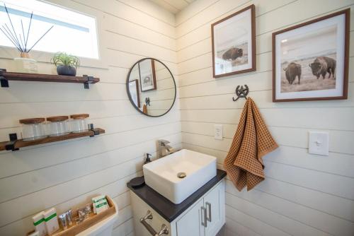 a bathroom with a sink and a mirror at New The Buffalo-Shipping Container in Alpine in Alpine