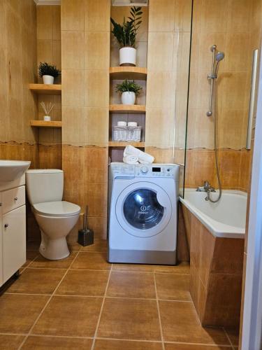 a bathroom with a washing machine and a toilet at Apartament na Orlej w Zamościu in Zamość
