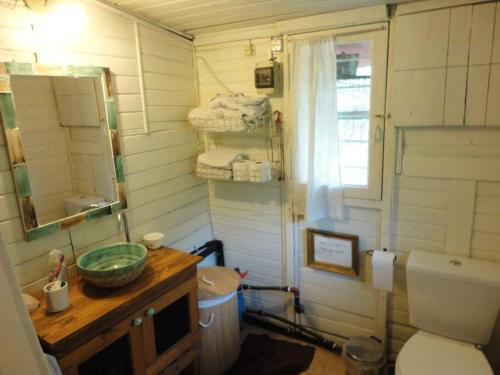 a small bathroom with a toilet and a sink at Cabaña hippie chic en isla del Delta (Rompani) in Tigre