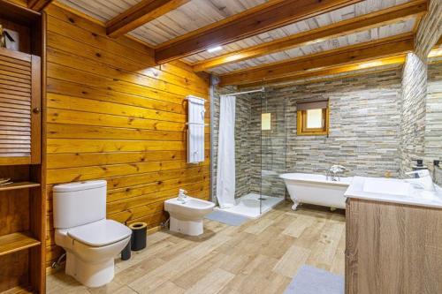 a bathroom with a toilet and a tub and a sink at Quinta Alvaredo in Melgaço