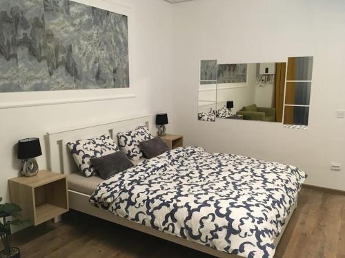 a bedroom with a bed and a large mirror at Dbo-Vivo Mall Apartment in Baia Mare