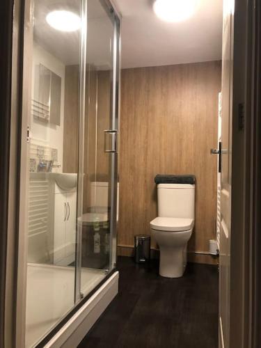 a bathroom with a toilet and a glass shower at Braunton Breaks - 'The Cwtch' in Braunton