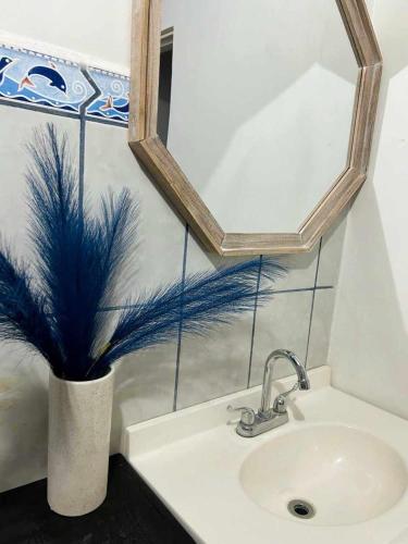 a bathroom sink with a mirror and a vase with blue feathers at Casa Peninsula in San Felipe