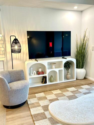 a living room with a tv and a chair at Luxury 1 BR Apartment in Randwick- Walk to hospital UNSW Dining W parking and lift and AC in Sydney