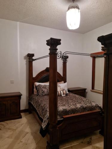 a bedroom with a wooden bed in a room at Beach view villa in Long Swamp