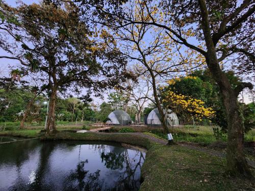 a pond with two domes in a park with trees at Cabaña del Lago in Cuatro Esquinas