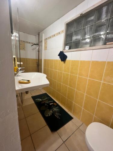 La salle de bains est pourvue d'un lavabo et de toilettes. dans l'établissement LOCATION SAISONNIÈRE DE 154 M2, au François