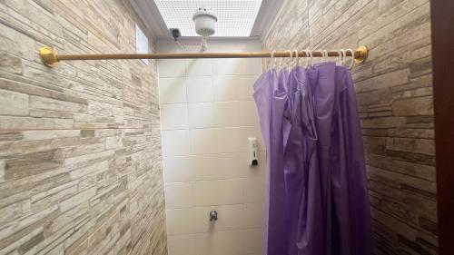 La salle de bains est pourvue d'une douche avec un rideau de douche violet. dans l'établissement Apartaestudio Aguamarina, à Líbano
