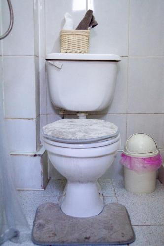 a white toilet with a basket on top of it at COZY POCKET SIZE SWEET DEAL in Santiago