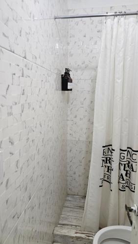 a white bathroom with a shower curtain and a toilet at Dpto 4 RaGi in Cordoba