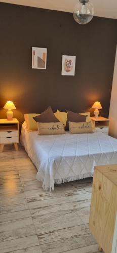 a bedroom with a bed with two tables and two lamps at Dpto 4 RaGi in Córdoba