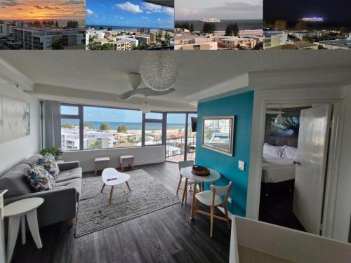 a collage of photos of a living room and a bedroom at Centrepoint Apartments Caloundra in Caloundra