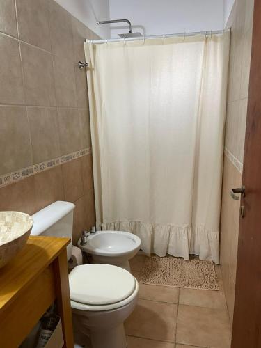 une salle de bain avec toilettes et rideau de douche dans l'établissement Departamento Emilia 1, à Chascomús
