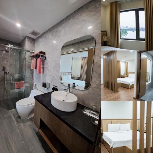 a bathroom with a sink and a toilet and a mirror at Glory Hotel Apartment Hải Phòng in Hai Phong