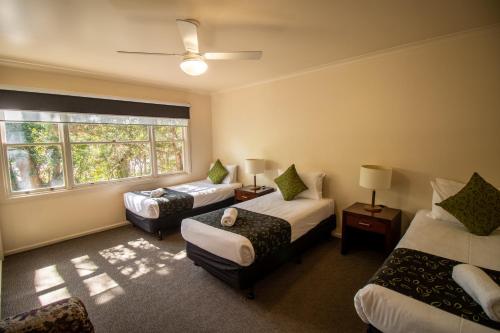 a room with two beds and a couch and a window at Echuca Holiday Units in Echuca