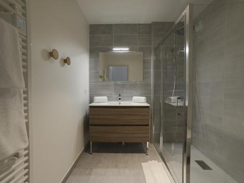 uma casa de banho com um lavatório e um chuveiro em Studio Aix-les-Bains, 1 pièce, 2 personnes - FR-1-617-26 em Aix-les-Bains