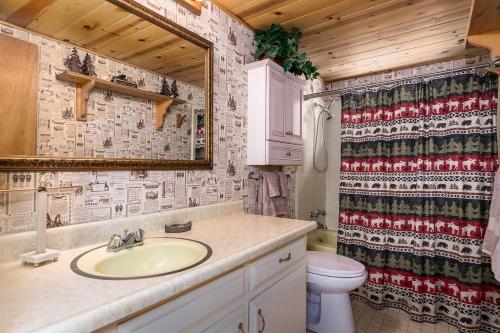 La salle de bains est pourvue d'un lavabo, de toilettes et d'un miroir. dans l'établissement The Honey Bear Cabin, à Carnelian Bay