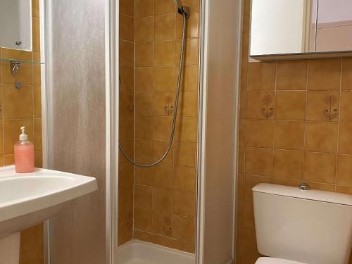 une salle de bain avec une douche, des toilettes et un lavabo dans l'établissement Studio avec climatisation, internet et garage à Balaruc-les-Bains - FR-1-553-247, à Balaruc-les-Bains