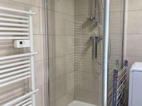 La salle de bains est pourvue d'une douche avec une porte en verre et de toilettes. dans l'établissement Studio climatisé avec WIFI et vue sur l'étang de Thau - FR-1-553-248, à Balaruc-les-Bains