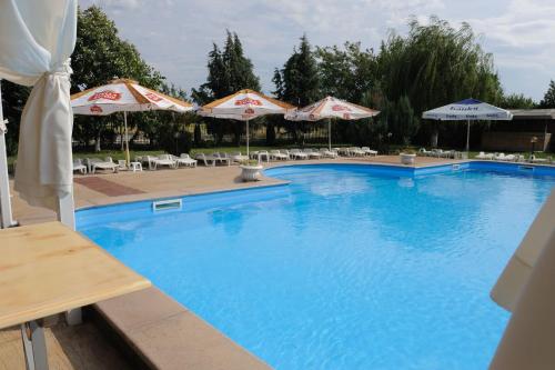 a large blue swimming pool with umbrellas and chairs at Hotel Racic Self-Check In in Voyvodinovo