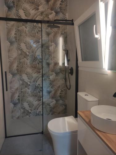 baño con aseo y puerta de ducha de cristal en Apartamento en planta baja con vistar al mar, en Conil de la Frontera