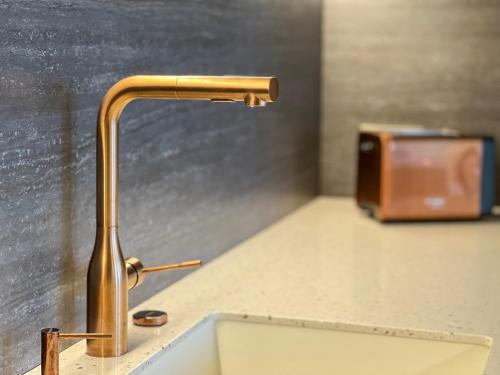 a kitchen sink with a brass kitchen faucet at Cozy Designer Apartments, Self Check-In & FREE Parking in Klaipėda