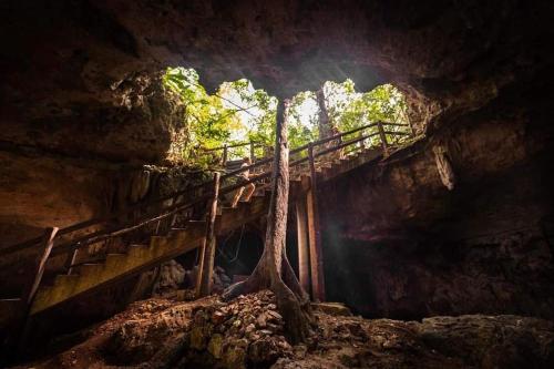 トゥルムにあるLoft Cabin in Cenote Dos OjOs Natural Park Tulum, Pool, WIFI, ACの橋と階段のある洞窟