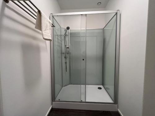 eine Duschkabine im Bad mit Glastür in der Unterkunft Simplex Apartments Am Schwabentorring in Freiburg im Breisgau