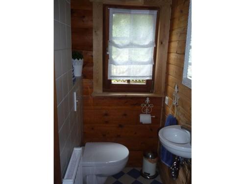 a small bathroom with a toilet and a window at Holiday home in Einberger Switzerland in Rödental
