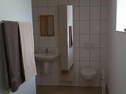 ein Badezimmer mit einem Waschbecken, einem WC und einem Spiegel in der Unterkunft Charming apartment in Mandelbachtal in Wittersheim