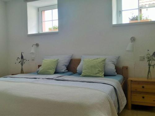 ein Bett mit zwei grünen Kissen und zwei Fenstern in der Unterkunft Charming apartment in Mandelbachtal in Wittersheim