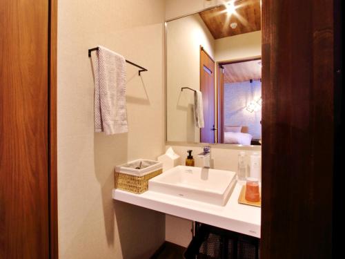 a bathroom with a white sink and a mirror at みつまたロッヂ in Yuzawa