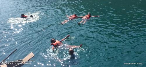a group of people swimming in the water at Dawki, Frankenstein adventure camp, riverside camping in Dawki
