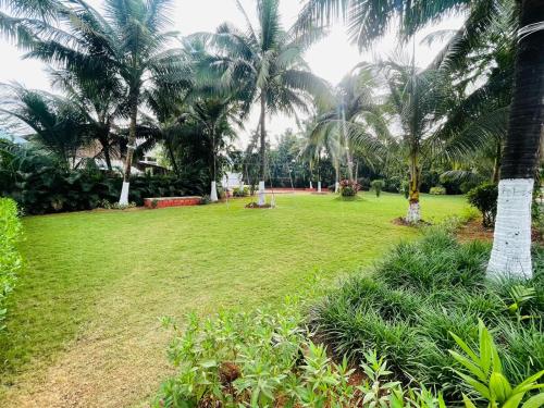 einen Park mit Palmen und einem Grasfeld in der Unterkunft Raghuraj Enclave (AAI Farmhouse) in Alībāg