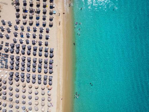 an overhead view of a beach and the ocean at Harmony Luxury Villas Naxos in Naxos Chora