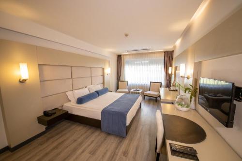 pokój hotelowy z łóżkiem i telewizorem z płaskim ekranem w obiekcie MY Hotel w mieście Izmir
