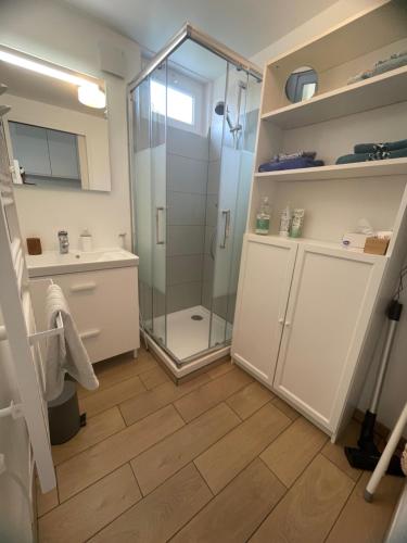 La salle de bains est pourvue d'une douche et d'un lavabo. dans l'établissement Cosy Giverny, à Giverny