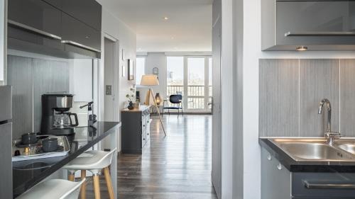 une cuisine avec un évier et un plan de travail dans l'établissement Le Balcon Troyen - Proche Hypercentre - 4 Pers., à Troyes