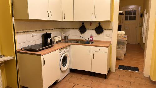 a kitchen with a sink and a washing machine at Mapi Apartment in Dresden